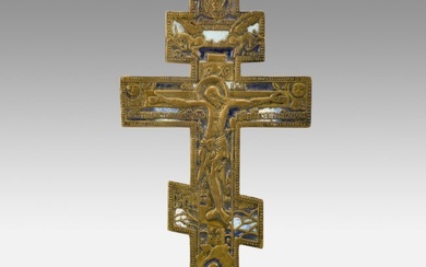 Antique 19thC Russian Orthodox Brass and Enamel Crucifix Cross Metal Icon