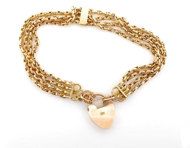 Antique 9ct rose gold four strand bracelet with oval belcher...