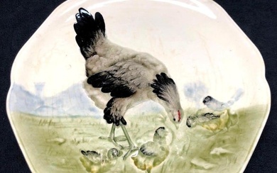 Antique B & H Choisy Le Roi - Faience Majolica Plate w/ Hand Painted Hen Chickens - Made in France