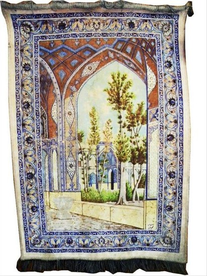 Antique Beautiful Fort & Trees Silk Carpet Wall Hanging