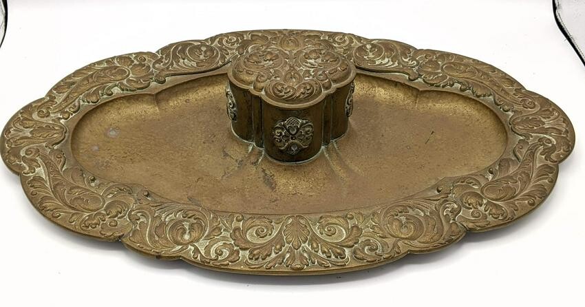 Antique Brass Desk Tray with Quatrefoil Inkwell. Heavy