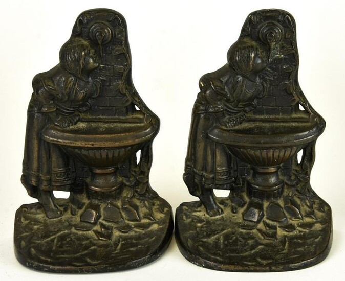 Antique Cast Iron Bookends Girl Drinking Fountain