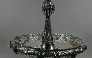 Antique Centerpiece - Art Nouveau Jugendstil BowlGerman 800 Silver Malachite