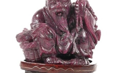 Antique Chinese Carved Ruby Matrix Man w Fish