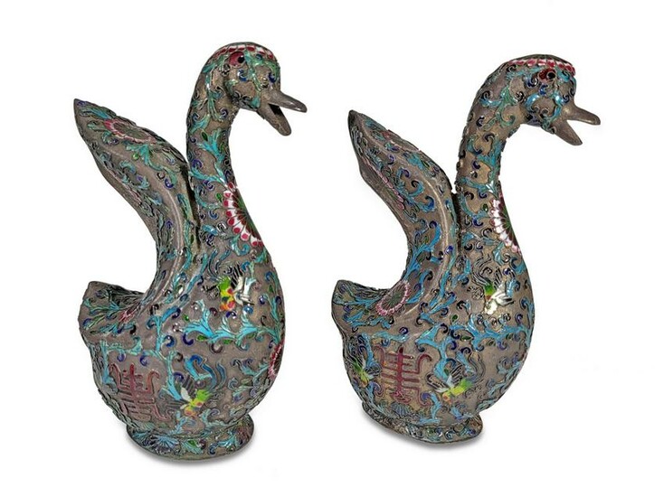 Antique Chinese pair of cloisonne swan statues