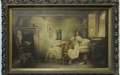Antique European interior oil on canvas painting
