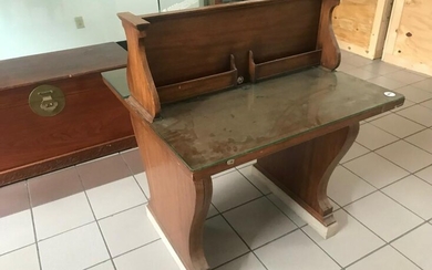 Antique Mahogany Bank Desk with Glass Top