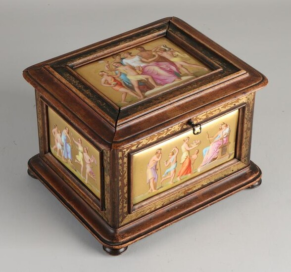 Antique walnut box with lid with five porcelain