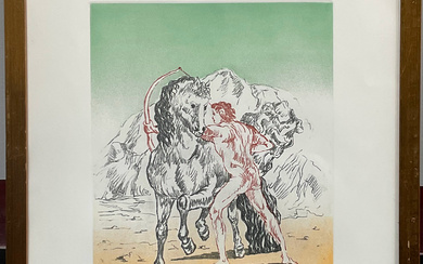 "Arciere con cavallo" 1972 incisione a vernice molle e acquatinta a colori (lastra cm 41,5x31,5; foglio cm 69,5x49) firmata e…