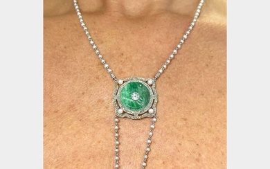 Art Deco Platinum & 18K Jade Diamond and Natural Pearl Necklace