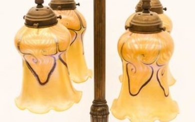 Art Deco Rembrandt Bronze 4-Light Lamp with Art Glass