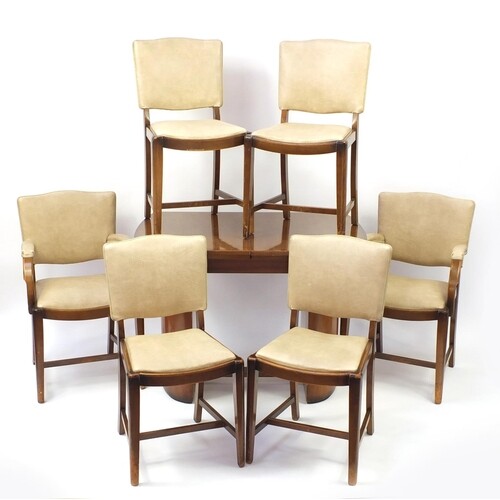 Art Deco walnut draw-leaf dining table and six chairs includ...