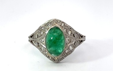 Art Nouveau Emerald Cabochon and Diamond Platinum Ring