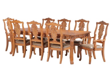 Ashley Furniture Carved Oak Dining Table and Eight Chairs, Late 20th Century