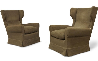 Attributed to Paolo Buffa (1903-1970), a pair of wingback lounge chairs, circa 1950, green fabric, beech, each 96cm high, 76cm wide (2)