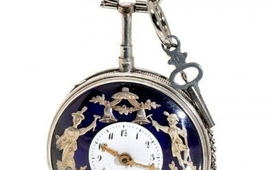 Automaton pocket watch in silver and enamel. Switzerland, 18th century. Hours and quarters chiming.