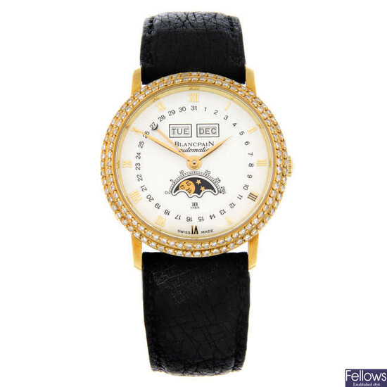 BLANCPAIN - an 18ct gold Villeret Moonphase GMT wrist watch, 34mm.