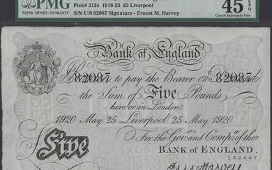 Bank of England, Ernest M. Harvey, £5, Liverpool, 25 May 1920, serial...