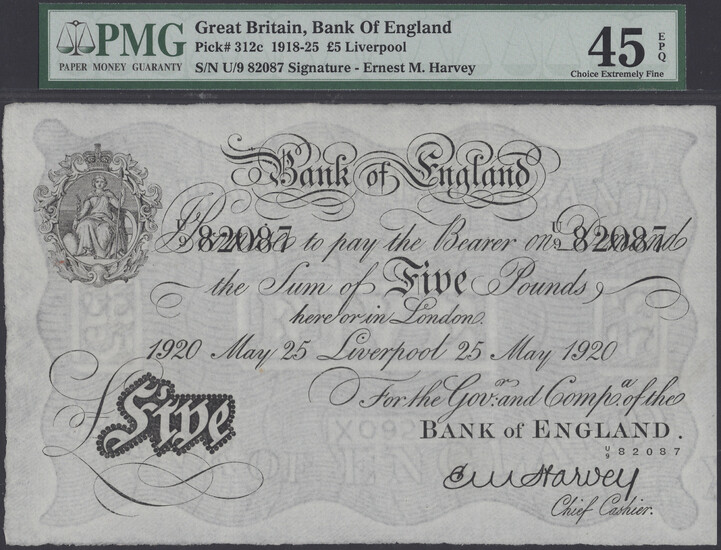 Bank of England, Ernest M. Harvey, £5, Liverpool, 25 May 1920, serial...