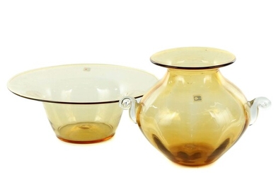 Blenko Handblown Amber Art Glass Vase and Bowl