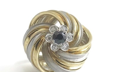 Blue Sapphire Diamond Flower Swirl Two-Tone Cocktail Ring 18K Yellow Gold 8.97 G