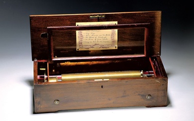 Boîte à musique à cylindre, Suisse, vers 1890, boîte en bois plaqué, couvercle avec marquise...