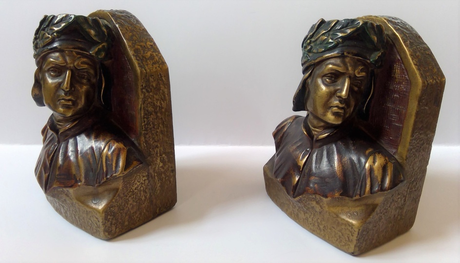 [Bookends]. (Dante). Pair of galvanized bookends showing the bust of...