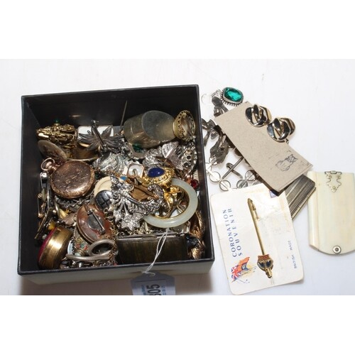 Box of collectables and jewellery including Waltham fob watc...