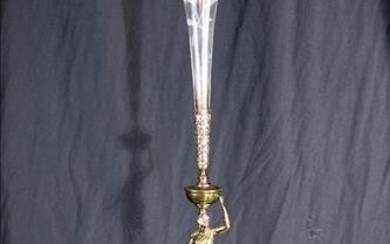 Brass epergne with etched glass trumpet vase