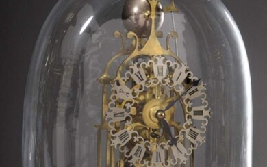 Brass skeleton clock under glass lintel, England 19th c., h. 34.5/42.5cm, glass replaced