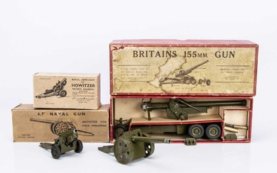 Britains boxed post WW2 version guns consisting of 155mm Gun (set 2064) and 4.7inch Naval Gun (set 1264) with 4.5inch Howitzer (set 1725)