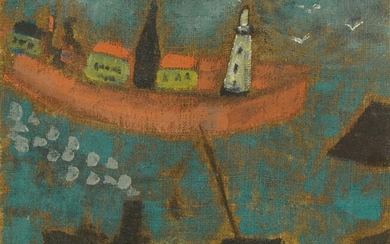 British Naive School, 20th century- Ship by a quayside with a lighthouse; oil on de-stretchered canvas laid down on linen on board, 26 x 31.5 cm