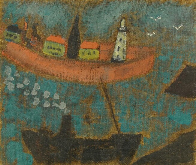 British Naive School, 20th century- Ship by a quayside with a lighthouse; oil on de-stretchered canvas laid down on linen on board, 26 x 31.5 cm