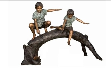 Bronze Statue of Children Fishing on Log