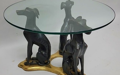 Bronze whippet table with gilt bronze base & heavy glass top. Hgt 17" dia. 24". Very good