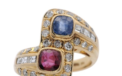 Bypass 18kt Gold Ring with Diamonds, Ruby and Sapphire