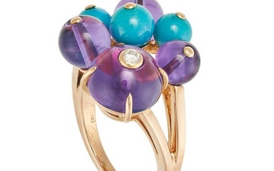 CARTIER, AN AMETHYST AND TURQUOISE DELICES DE GOA RING in 18ct rose gold, comprising round caboch...