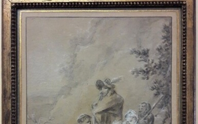 CASANOVA Francesco (1723-1803) - Paire de scènes pastorales. Crayon lavis et rehaut de craie blanche....