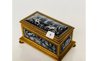 CHARMING BOX with brass trimmings and enamelled plates...