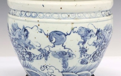 CHINESE BLUE & WHITE PORCELAIN JARDINIERE ON HARDWOOD STAND