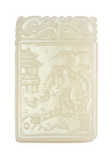 CHINESE WHITE JADE PENDANT Rectangular, with figural landscape carving on obverse and calligraphy on reverse. Length 2.75".