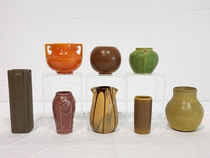 COLLECTION OF 8 SMALL ART POTTERY CABINET VASES