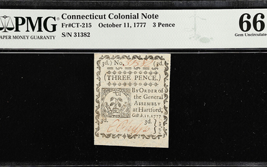 CT-215. Connecticut. October 11, 1777. 3 Pence. PMG Gem Uncirculated 66 EPQ.