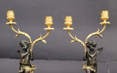 Candelabra (2) - Louis XVI Style - Bronze (gilt), Bronze (patinated), Marble - Second half 19th century
