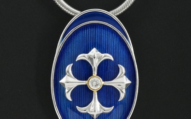 Carl Blackburn Sterling Diamond and Enamel Cross Pendant Necklace