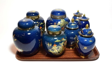 Carlton ware blue ground chinoiserie pattern lustre wares comprising four...