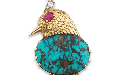 Cartier, Turquoise, gold, ruby and diamond brooch, circa 1956