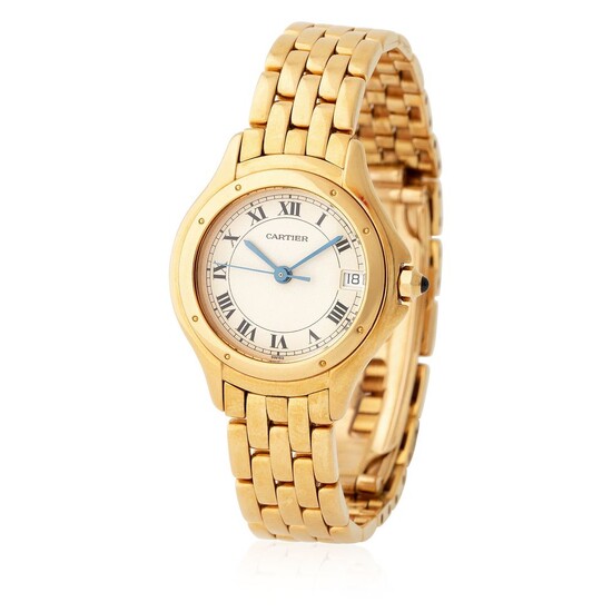Cartier. Very Attractive Cougar Wristwatch in Yellow Gold, With Bracelet, Silver Black Roman Numbers dial, Box, Invoice and Warranty