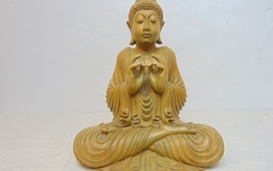 Carved wood seated Buddha figure, fine detail, carved olive wood (?), height is 12.25"