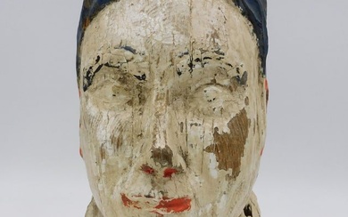 Carved wooden painted figural head, possibly a